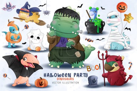 Ilustración de Adorables dinosaurios colección de Halloween con ilustración de acuarela - Imagen libre de derechos