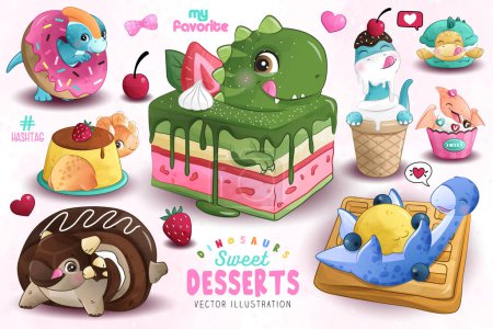Illustration for Adorable dinosaurs desserts collection with watercolor illustration - Royalty Free Image