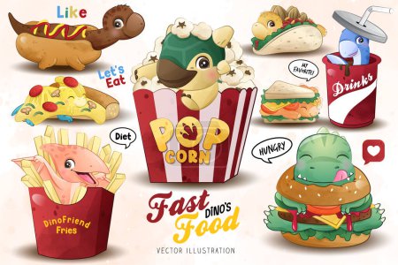 Illustration for Adorable dinosaurs fast food collection with watercolor illustration - Royalty Free Image