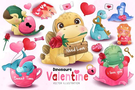 Illustration for Adorable dinosaurs valentine collection with watercolor illustration - Royalty Free Image