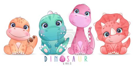 Téléchargez les illustrations : Adorables dinosaures pose avec illustration aquarelle - en licence libre de droit