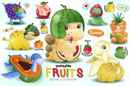 Téléchargez les illustrations : Adorable collection de fruits dinosaures avec illustration aquarelle - en licence libre de droit