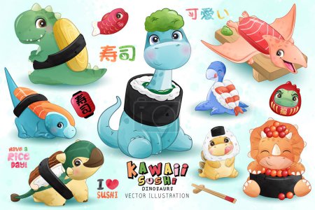Illustration for Adorable dinosaurs sushi collection with watercolor illustration - Royalty Free Image