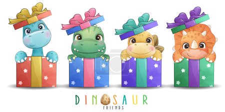 Téléchargez les illustrations : Adorable collection de cadeaux dinosaures avec illustration aquarelle - en licence libre de droit