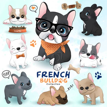 Téléchargez les illustrations : Adorable collection de bulldogs français avec illustration aquarelle - en licence libre de droit