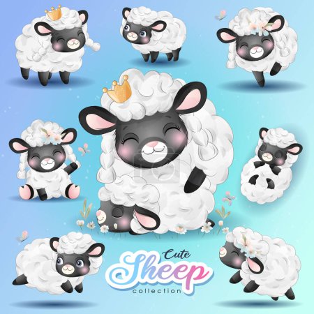 Illustration for Adorable sheep poses collection with watercolor illustration - Royalty Free Image