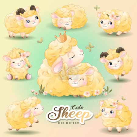 Illustration for Adorable sheep poses collection with watercolor illustration - Royalty Free Image