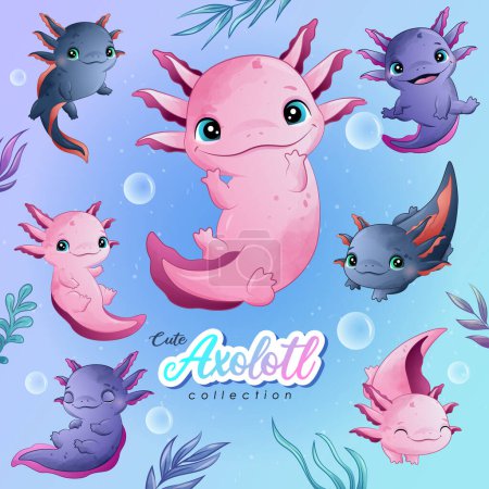 Téléchargez les illustrations : Adorable collection de poses axolotl avec illustration aquarelle - en licence libre de droit