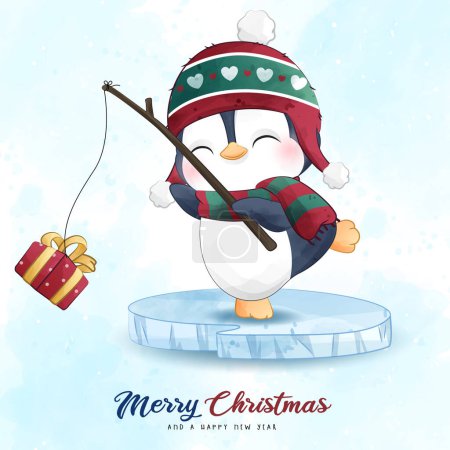 Téléchargez les illustrations : Adorable pingouin Noël avec illustration à l'aquarelle - en licence libre de droit