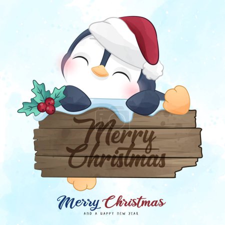 Illustration for Adorable penguin christmas with watercolor illustration - Royalty Free Image