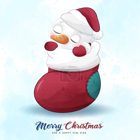 Téléchargez les illustrations : Adorable bonhomme de neige Noël avec illustration aquarelle - en licence libre de droit