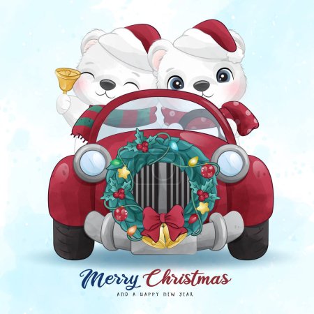 Illustration for Adorable Polar bear Merry Christmas with watercolor illustration - Royalty Free Image