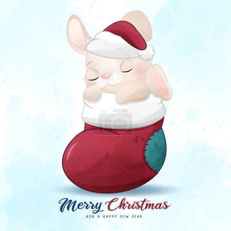 Ilustración de Adorable conejito feliz navidad con ilustración de acuarela - Imagen libre de derechos