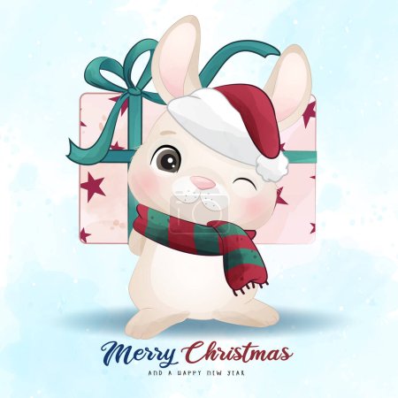 Illustration for Adorable little bunny merry christmas with watercolor illustration - Royalty Free Image