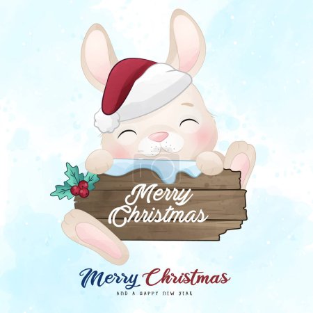 Adorable little bunny merry christmas with watercolor illustration