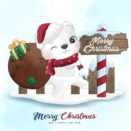 Téléchargez les illustrations : Adorable ours polaire Joyeux Noël avec illustration aquarelle - en licence libre de droit