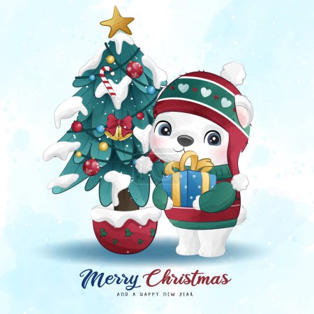 Illustration for Adorable polar bear merry christmas with watercolor illustration - Royalty Free Image