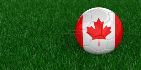 Kanada Nationaler Fußball mit Länderflaggenmuster. Fußballturnierkonzept. Sportwetten. Realistischer 3D gerenderter Gras-Hintergrund, Kopierraum. Set von 26 Bildern.