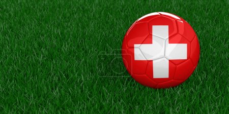 Swiss National football with country flag pattern. FIFA World Cup 2022, Qatar soccer tournament concept. Sports betting. Realistic 3D rendered grass background, copy space. Set of 26 images.