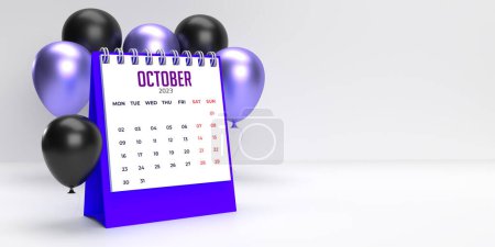 Foto de Octubre 2023 mensual spiral desktop celebration Calendario plantilla: 3D render date planner page with purple, black balloons. Fondo, espacio de copia. Conjunto de 12 meses de composición. La semana comienza el lunes. - Imagen libre de derechos