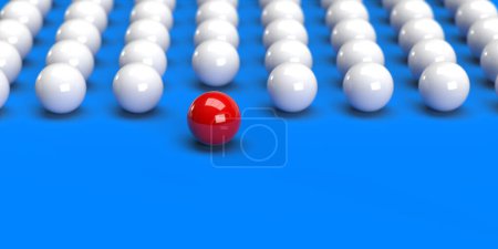 Foto de Leadership diverse red leader ball leading white follower group. Minimalist blue background. Clipping path for easy edit. Creative banner design in 3D render, copy space. Thinking outside the box. - Imagen libre de derechos