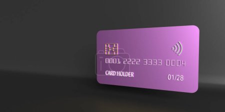 3D Purple blank plastic Credit card illustration. Side view mockup template design on dark background, copy space. Online shopping payment, mobile banking and touch free transaction, clipping path.
