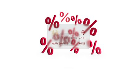 Credit card earning percentage points. Blank plastic cash 3D render illustration. Front view mockup template design on white background, copy space. Mobile wallet with contactless symbol.Clipping Path