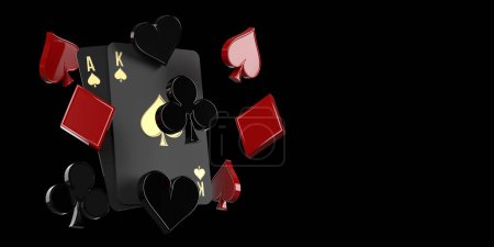 Luxury Ace and King playing cards and flying casino gambling symbols on black background, copy space. Online mobile applications, sportsbetting, poker, blackjack games in 3D render, clipping path.