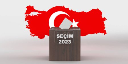 General and Presidential elections in Turkey 2023 concept. White envelope in TURKISH ELECTION 2023 text ballot box over Turkish flag map symbol. 3D rendered red background, clipping path.