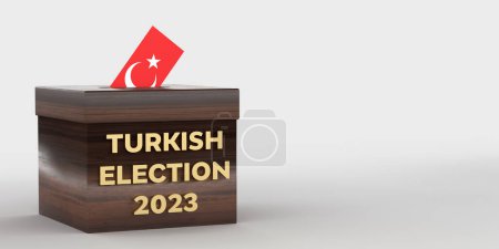 General and Presidential elections in Turkey 2023 concept. Turkish flag designed envelope in TURKISH ELECTION 2023 text ballot box. 3D rendered white background, clipping path