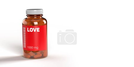 Photo for Red LOVE medicine pills in vial with barcode on white background, copy space, clipping path. Emotion based FAKE generated drug name concept. Healthcare 3D render illustration design. - Royalty Free Image