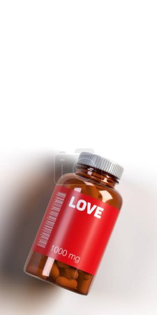 Photo for Red LOVE medicine pills in vial with barcode on white background, copy space, clipping path. Emotion based FAKE generated drug name concept. Vertical 3D render illustration design. - Royalty Free Image