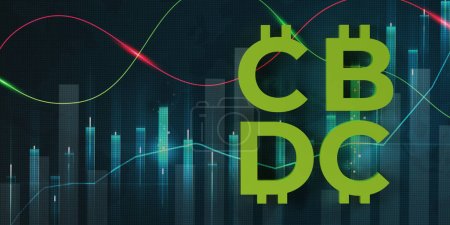 Grüne CBDC futuristisches digitales Geld auf Devisenhandel Graphen Hintergrund, Kopierraum. Central Bank Digital Currency 3D Renderbanner für Finanzinvestitionskonzept. Wirtschaft Trends bei virtuellem Kryptogeld