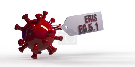 Photo for Breaking News: "ERIS EG.5.1" dangerous Covid new subvariant of SARS-CoV-2 coronavirus text on name tag over 3D render Covid-19 red shiny bacteria cell, white background with copy space. - Royalty Free Image