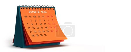 October 2024 orange coloured monthly spiral desk calendar. 3D rendered horizontal page on white background, copy space. Set of 12 month layouts. Week starts with Monday. Weekends in red.