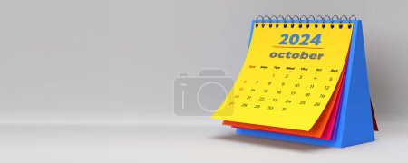 Colourful 2024 October spiral monthly desk calendar. 3D rendered horizontal page on white background with copy space. Set of 12 month layouts. Week starts with Sunday. Weekends marked in red.