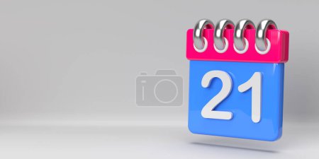 21st Calender Day of the month icon on coloured spiral desk calendar. Event, celebration banner design on 3D rendered horizontal page on white background, copy space. Time planner. 21st day reminder. Twenty-first. 