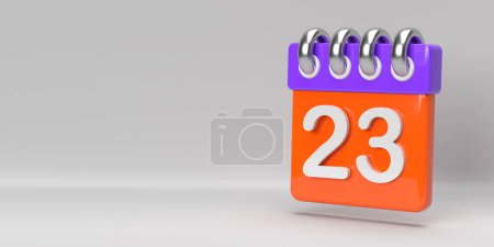 23rd calendar day of the month icon on coloured spiral desk calendar. Event, celebration banner design on 3D rendered horizontal page on white background, copy space. Time planner. Twenty-third day.