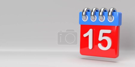 15th calendar day of the month icon on coloured spiral desk calendar. Event, celebration banner design on 3D rendered horizontal page on white background, copy space. Time planner. Fifteenth day reminder. 