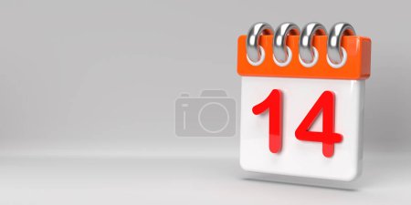 14 day calendar day of the month icon on coloured spiral desk calendar. Event, celebration banner design on 3D rendered horizontal page on white background, copy space. Time planner. Fourteenth day reminder. 