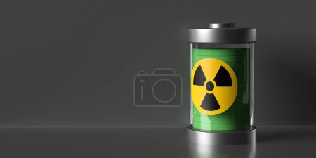 Atombatterie mit Strahlungszeichen auf dunklem Hintergrund, Kopierraum. Wiederaufladen von Atombrennstoff. Unendliches Energiekonzept. Symboldesign auf 3D gerenderter horizontaler Komposition.