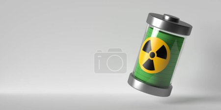 Nuclear battery with radiation sign on white background, copy space. Atomic fuel recharging. Infinite energy concept. Symbol design on 3D rendered horizontal composition.