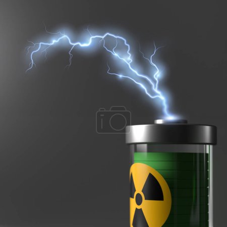 Atombatterie mit Strahlungszeichen auf dunklem Hintergrund mit Aufhellung, Kopierraum. Wiederaufladen von Atombrennstoff. Unendliches Energiekonzept. Symboldesign auf 3D gerenderten quadratischen Kompositionen.