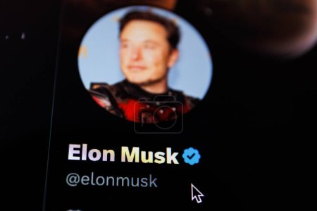 Téléchargez les photos : Kaunas, Lituanie - 2023, 12 mars : Compte Twitter Elon Musk sur écran PC. Elon Musk est PDG de Twitter, Tesla et SpaceX. Photo de haute qualité - en image libre de droit