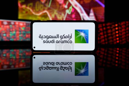 Photo for Paris, France - 2023 March 28: Saudi aramco company shares dropped down at stock market. Saudi aramco company financial crisis and failure. - Royalty Free Image