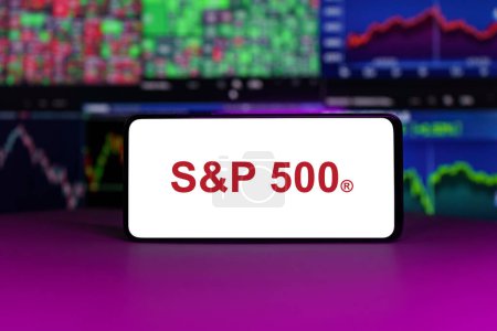 Photo for Vilnius, Lithuania - 2023 April 21: SP 500 stock market index in front of stock market charts background. High quality photo - Royalty Free Image