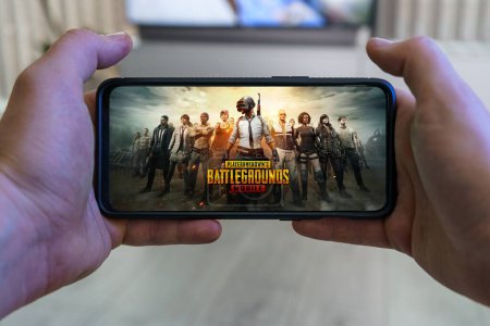 Photo for Kaunas, Lithuania - 2023 April 16: Playing PUBG mobile game. Point of view gaming on smartphone. High quality photo - Royalty Free Image
