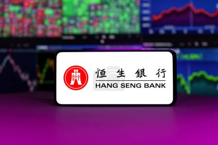 Photo for Vilnius, Lithuania - 2023 April 21: HSI Hang Seng bank stock market index in front of stock market charts background. High quality photo - Royalty Free Image