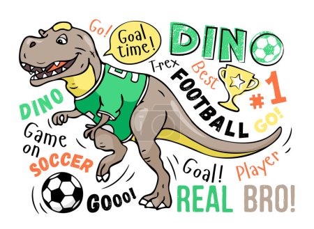 Kunst. Fußball-Print. Niedlicher Dinosaurier spielt Fußball auf weißem Hintergrund. Design für Kinder Poster, T-Shirt, Drucke, Kinderzimmer Schließung, Stoffe. Vektorillustration. T-rex