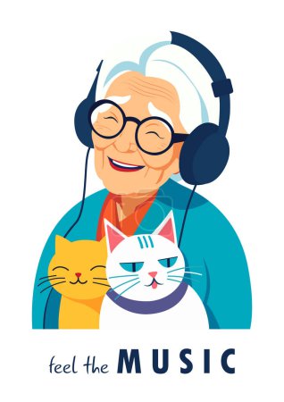 Illustration for Smiling grandmother in a good mood listens to music on headphones. Two cats are sitting on her lap. - Royalty Free Image